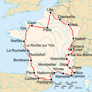 Route of the 1935 Tour de France followed clockwise, starting in Paris