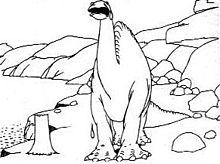 A black-and-white still from an animated cartoon. A long-necked, four-legged dinosaur stands in the middle facing the audience, crying, as a giant tear rolls down its left cheek. There is a lake to the left of the viewer, mountainous rocks to the right, and a tree stump in the bottom left corner.