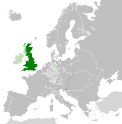 Location of Great Britain in 1789 in dark green; Ireland, the Channel Islands, the Isle of Man and Hanover in light green