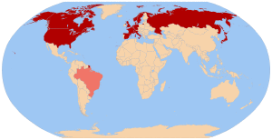 A world map highlighting Belgium, Denmark, France, Germany, Italy, Netherlands, Norway, Spain, Sweden and Switzerland in red and Brazil in pink. See adjacent text for details.