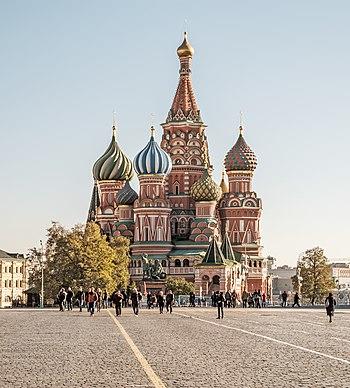 Saint Basil's Cathedral, with multicolored onion-shaped domes against a blue sky
