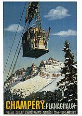 Drawing of a cable car and a fir tree in the foreground with a large rocky background in a snowy landscape. A text at the bottom reads "Champéry-Planachaux, Valais, Switzerland, Altitude 1055-1800 metres".
