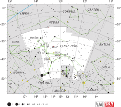 Diagram showing star positions and boundaries of the Centaurus constellation and its surroundings