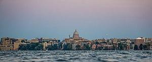 A view of the skyline of the Madison Isthmus and Lake Mendota from Picnic Point