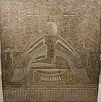 Relief of a woman kneeling on a stool and spreading her arms, to which wings are attached