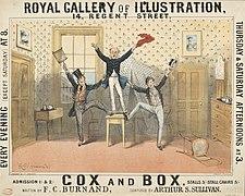 Theatre poster depicting three men waving jubilantly; the man in the middle is standing on a small table; his two companions each have one foot on the ground and the other on a chair