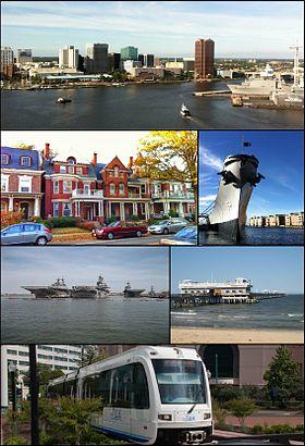 Clockwise from top: Downtown Norfolk skyline as viewed from across the Elizabeth River, USS Wisconsin battleship museum, Ocean View Pier, The Tide light rail, ships at Naval Station Norfolk, historic homes in Ghent