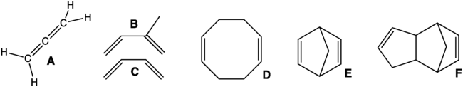 Structure of various alkadienes (also called dienes or diolefins)