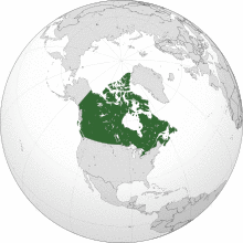 A projection of North America with Canada highlighted in green