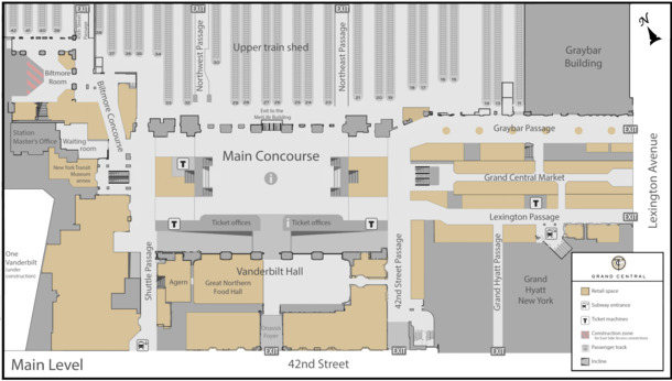 A diagram of the terminal's main level rooms