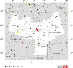 Diagram showing star positions and boundaries of the Andromeda constellation and its surroundings
