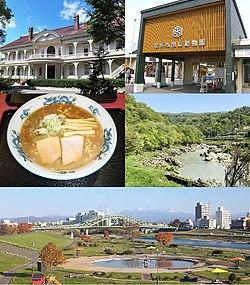 Top:Asahikawa Museum of Sculpture, Asahiyama Animal Park, Middle:Asahikawa Ramen noodle, Kamuy Kotan, Bottom:Panoramic view of Asahi Bridge and Taisetsu Mountain Range, (all item of left to right)