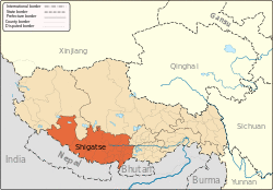 Shigatse City (orange) in Tibet Autonomous Region (light orange)