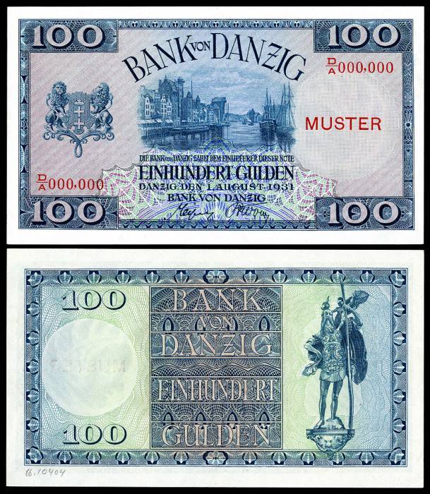 The Danzig coat of arms depicted on a 100 gulden note (1931)