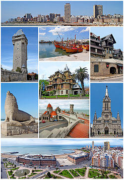 From the top, left to right: city skyline, Torre Tanque, fishing boats in the port, Saint Michael chalet, Castagnino Museum, Sea Lion Monument, Torreón del Monje, the Mar del Plata Cathedral, and a panoramic view from Edén Palace featuring the Casino Central and the NH Gran Hotel Provincial.