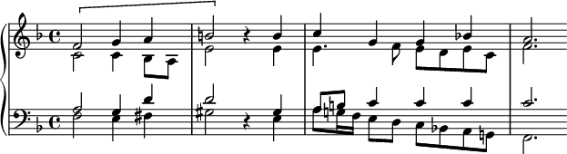  \new PianoStaff << \new Staff << \new Voice \relative c' { \stemUp \clef treble \key f \major \time 4/4 \[ f2 g4 a b2 \] r4 b c4 g g bes! a2. } \new Voice \relative c' { \stemDown c2 c4 bes8 a e'2 s4 e e4. f8 e d e c f2. } >> \new Staff << \new Voice \relative c' { \stemUp \clef bass \key f \major \time 4/4 a2 g4 d' d2 r4 gis, a8 b c4 c c c2. } \new Voice \relative c { \stemDown f2 e4 fis gis2 s4 e a8 g!16 f e8 d c bes! a g! f2. } >> >> 