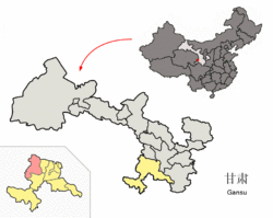 Xiahe County (red) within Gannan Prefecture (yellow) and Sichuan