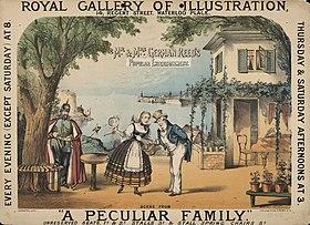 Theatre poster depicting young woman talking to old man, watched by spy in Prussian military uniform
