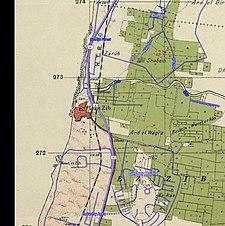 Historical map series for the area of Achziv (1940s with modern overlay).jpg