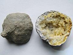 Keokuk geode showing the exterior shell and interior. cavity