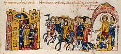 The captive Thomas is led out of a fortress in chains and forced to prostrate himself before the emperor