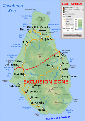Topographic map of Montserrat showing the "exclusion zone" due to volcanic activity, and the new airport in the north. The roads and settlements in the exclusion zone have mostly been destroyed.