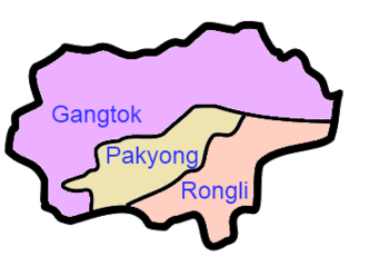A clickable map of East Sikkim exhibiting its three subdivisions.