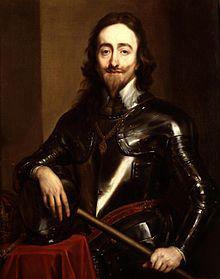 Half-length portrait of a man in shiny dark armour with long brown hair, short beard and moustache, holding a staff