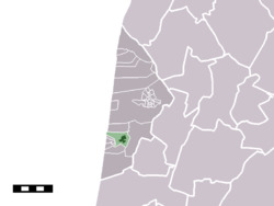 The town centre (darkgreen) and the statistical district (lightgreen) of Egmond aan den Hoef in the municipality of Bergen (NH.)