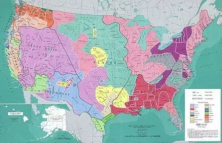 MAP of American Indians language groups and major tribal boundaries: in the territorial claims of the Thirteen Colonies, the Algonquin language in New England, in the Chesapeake Bay region, in the Mississippi River Basin south of western Lake Superior and Lake Michigan, and on the northern Florida peninsula; the Iroquoian language south of eastern Lake Ontario and Lake Erie; the southern Appalachians, and northeast modern North Carolina; the Muskegan language in the southeast, 19th century American Deep South.