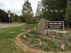 2016-10-27 11 24 13 "Georgetown Pike - Virginia's First Historic and Scenic Byway" sign along eastbound Virginia State Route 193 (Georgetown Pike) at Seneca Road (Virginia State Secondary Route 602) in Great Falls, Fairfax County, Virginia.jpg
