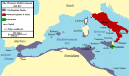 A map of the western Mediterranean showing the territory controlled by Carthage and Rome at the start of the First Punic War.