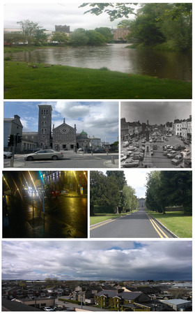 Clockwise from top: Mall River Walk; Cathedral of the Assumption; Liberty Square c. 1983; Liberty Square at night; St. Patrick's College; northeast view of the town