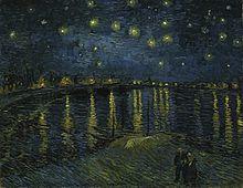 A view of a dark starry night with bright stars shining over the River Rhone. Across the river distant buildings with bright lights shining are reflected into the dark waters of the Rhone.