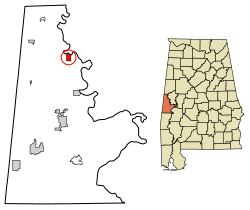 Location of Gainesville in Sumter County, Alabama.