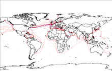 World map with red and blue lines