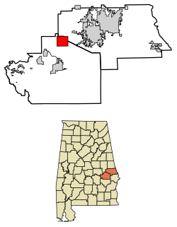 Location of Notasulga in Lee County and Macon County, Alabama.