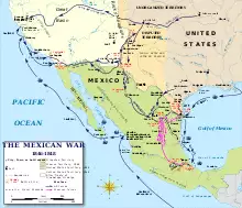 Map of the southwestern United States, including Texas, and also displaying Mexico, with the movements of the forces in the war marked on it