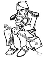 Caricature of a seated Hipólito Yrigoyen in uniform