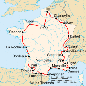 Route of the 1933 Tour de France followed clockwise, starting in Paris