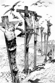 A black-and-white painting showing five men, two in armour, crucified in front of a city