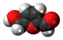 Space-filling model of the hydroxymethylfurfural molecule