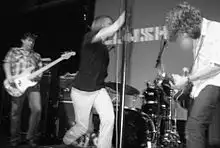 A photo of a rock band, Mudhoney, at a live show. The photo is blurred from the onstage motion. From left to right are the electric bassist, singer and guitarist.