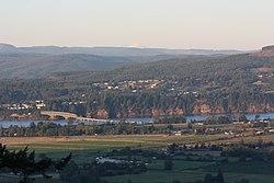 Puget Island (foreground) is linked to Cathlamet, Washington by the Julia Butler Hansen Bridge.