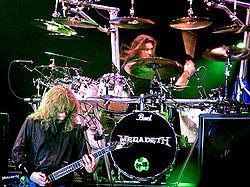 Dave Mustaine (left) and Shawn Drover live with Megadeth on June 15, 2005 in Bucharest