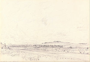 Old Sarum at Noon, a graphite sketch on slightly textured, medium white wove paper, 23.2 cm × 33.7 cm, 20 July 1829. Yale Center for British Art.
