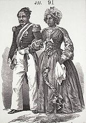 Engraving of Malagasy couple in 19th-century elegant European dress, walking arm in arm