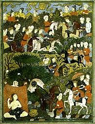 Shirin bathing, being approached by Khusraw, Safavid miniature painting, Iran.jpg