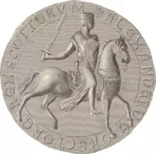 Reverse side of the circular seal used by Alexander the Second, showing the King, in full armour, seated on horseback. The upright Lion symbol is shown upon both the saddle and the shield held by the King.