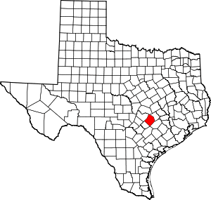 Map of Texas highlighting Bastrop County